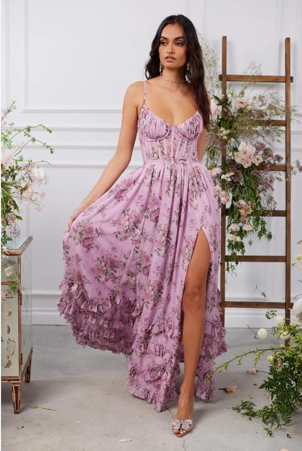 Floral Sleeveless Long Dress, Sexy Backless Chiffon Gown, Bridesmaid Dress, Tropical Vacation Maxi, Evening Garden Party Dress for Women