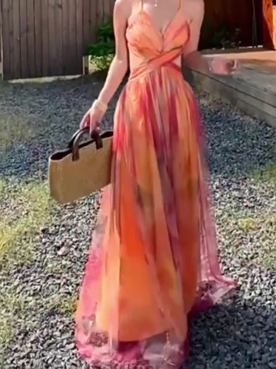 Romantic Floral Maxi Summer Dress, Spring vacation outfit, High-Side Slit Beach Gown - Summer Resort Sundress