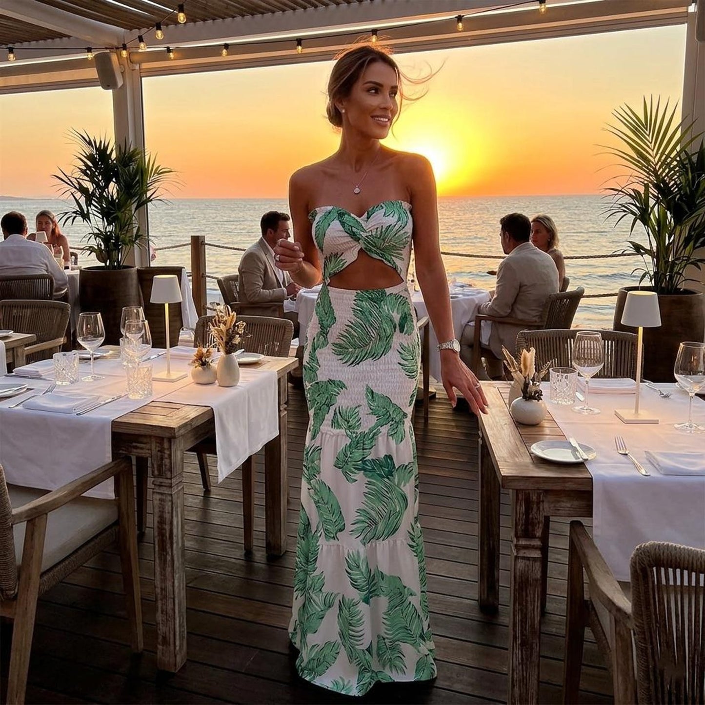 Sexy Cutout Floral Dress, Smocked High Waist Mermaid Maxi Skirt Set, Strapless Tropical Print Bodycon Dress,Summer Vacation Ruffle Sun Dress