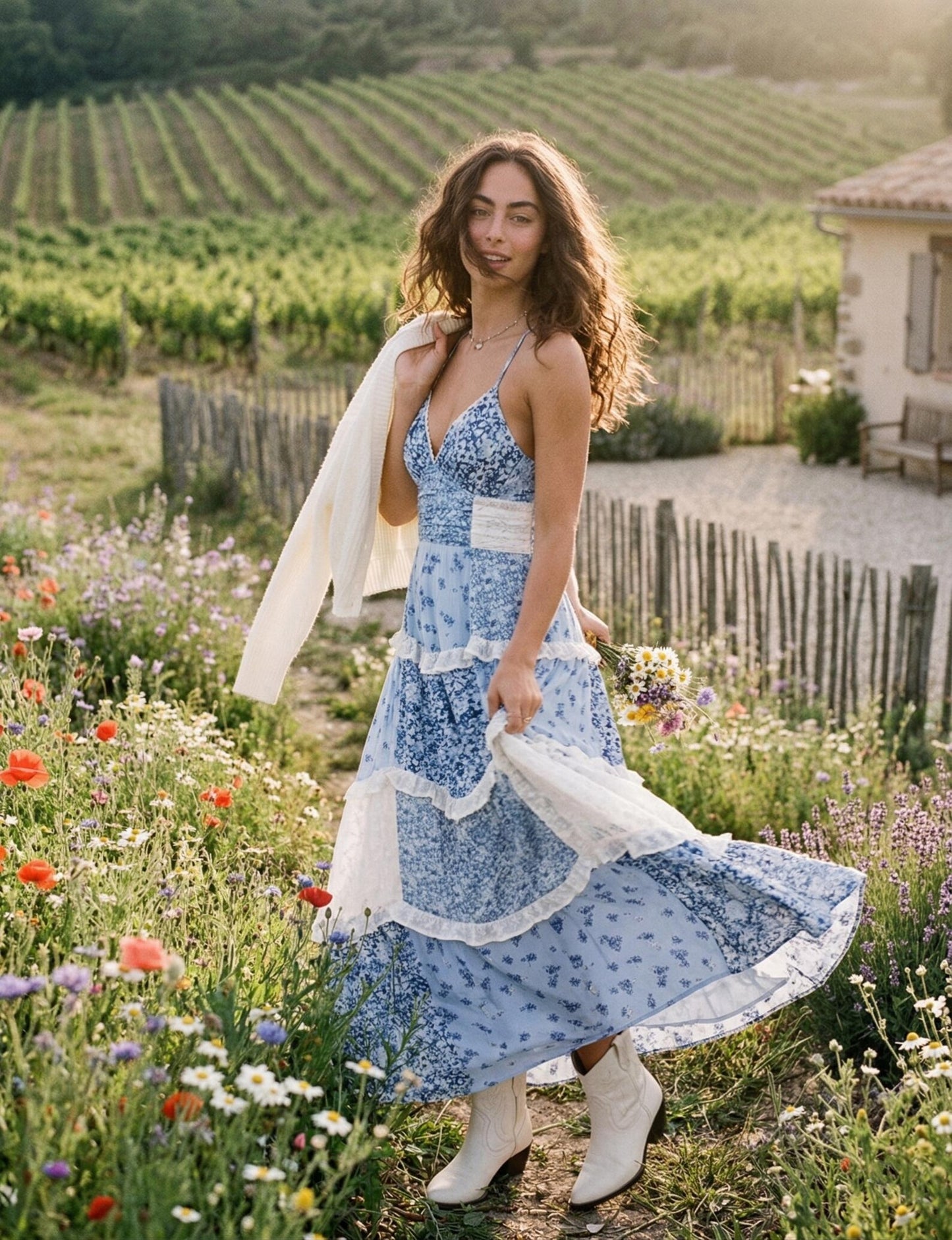 Vintage French Countryside Floral Dress, Patchwork High Waist Maxi, Shabby Chic Ruffle Sun Dress, Romantic Fairy Cottagecore Party Dress