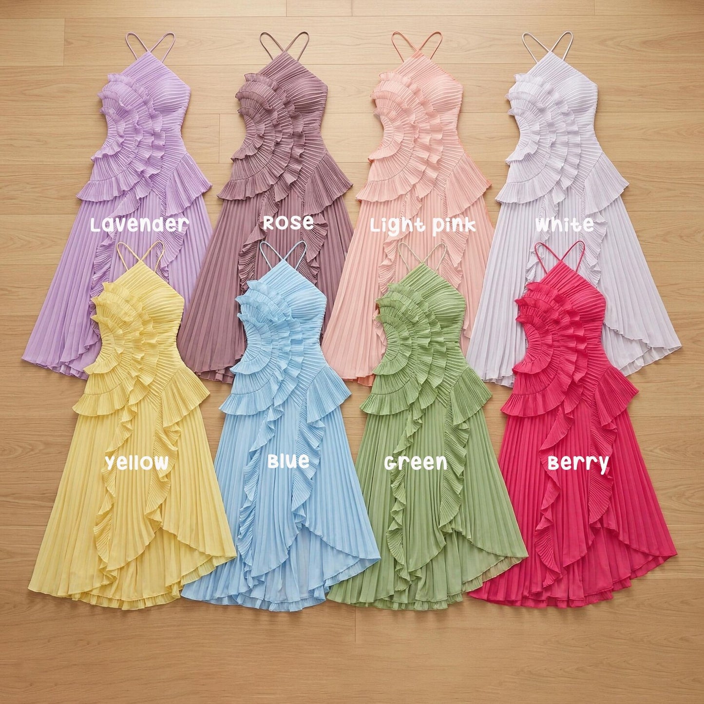 Hot Pink Pleated Halter Maxi Dress Asymmetric Ruffle Beach Vacation Gown High Waist Wedding Guest Dress Sexy Summer Party Outfit Boho Chic