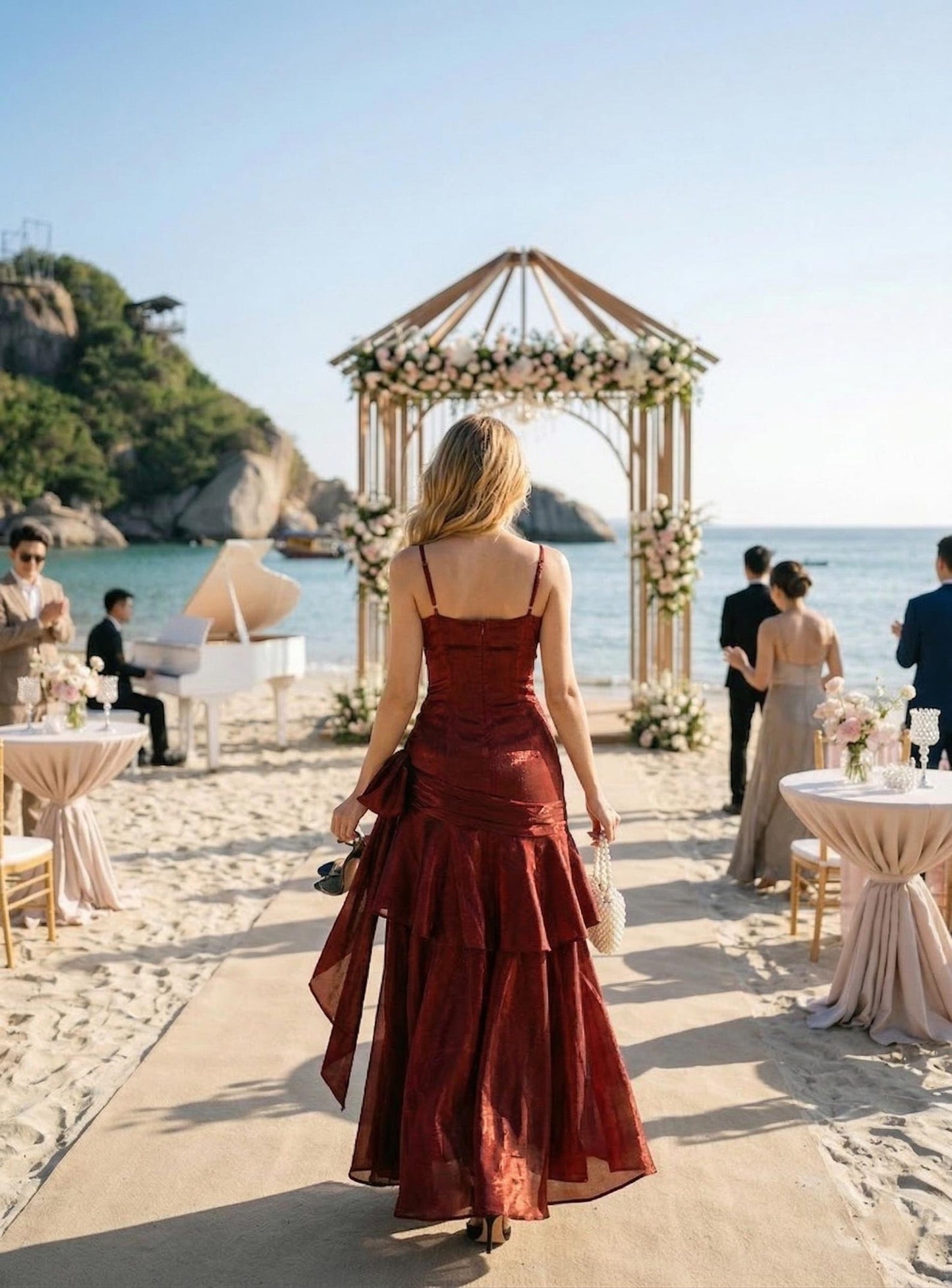 Wedding Guest Dress, Shimmering Satin Maxi for Beach Wedding, Elegant V-Neck Mermaid Gown, Formal Evening Dress, Luxury Destination Wedding