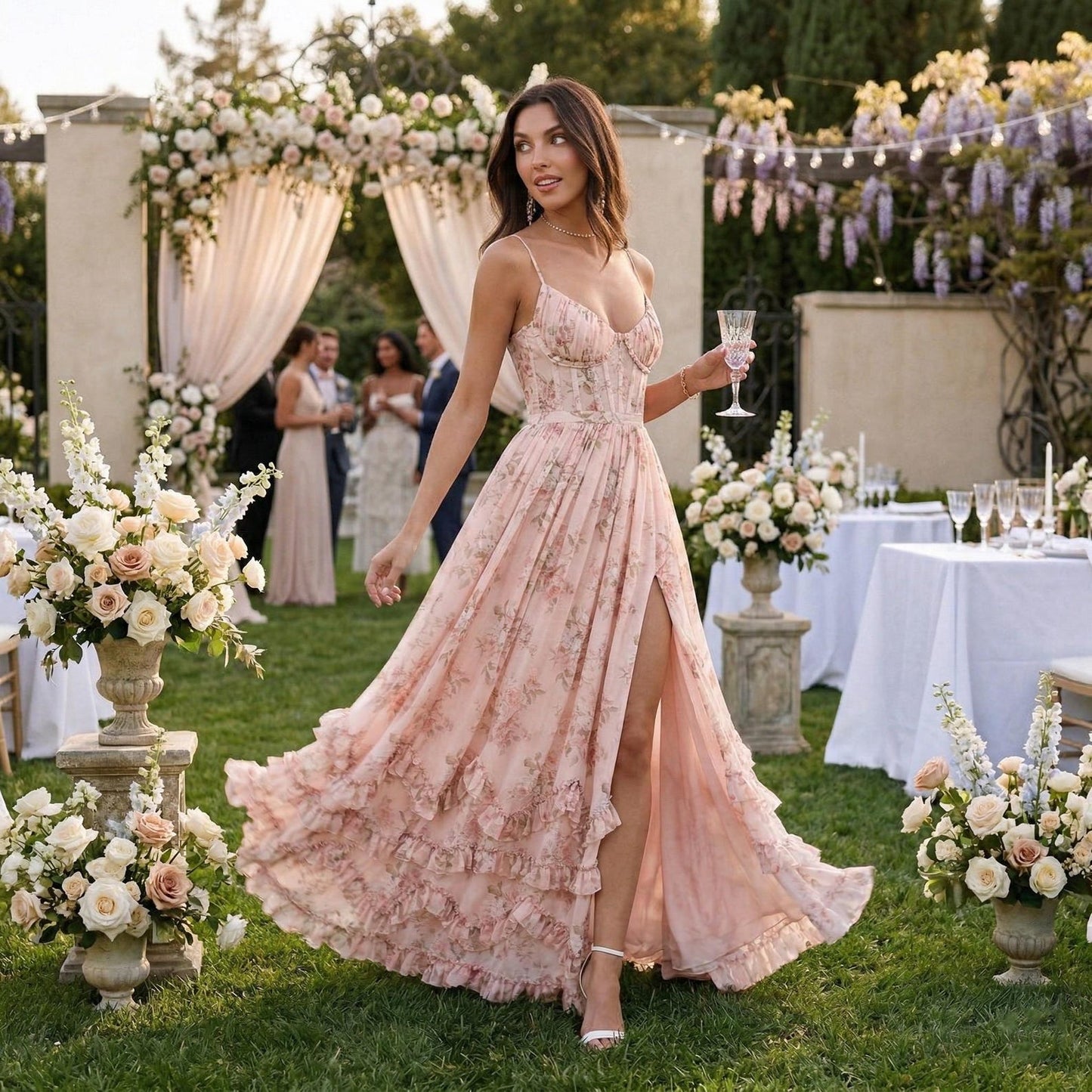 Floral Chiffon Maxi Dress, Romantic Corset Style Sundress, V-Neck Spaghetti Strap Long Dress, Wedding Guest Outfit, Boho Summer Party Gown