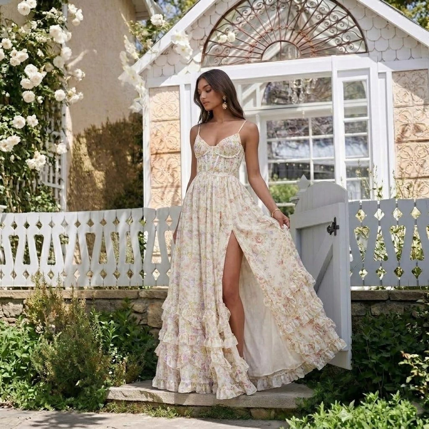 Floral Sleeveless Long Dress, Sexy Backless Chiffon Gown, Bridesmaid Dress, Tropical Vacation Maxi, Evening Garden Party Dress for Women