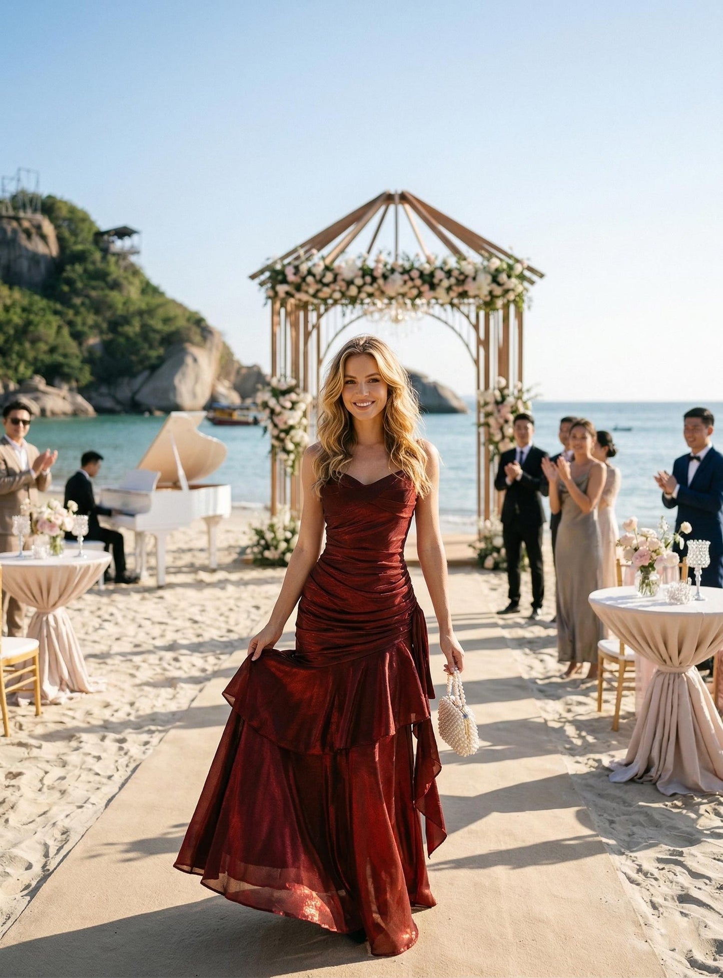 Wedding Guest Dress, Shimmering Satin Maxi for Beach Wedding, Elegant V-Neck Mermaid Gown, Formal Evening Dress, Luxury Destination Wedding
