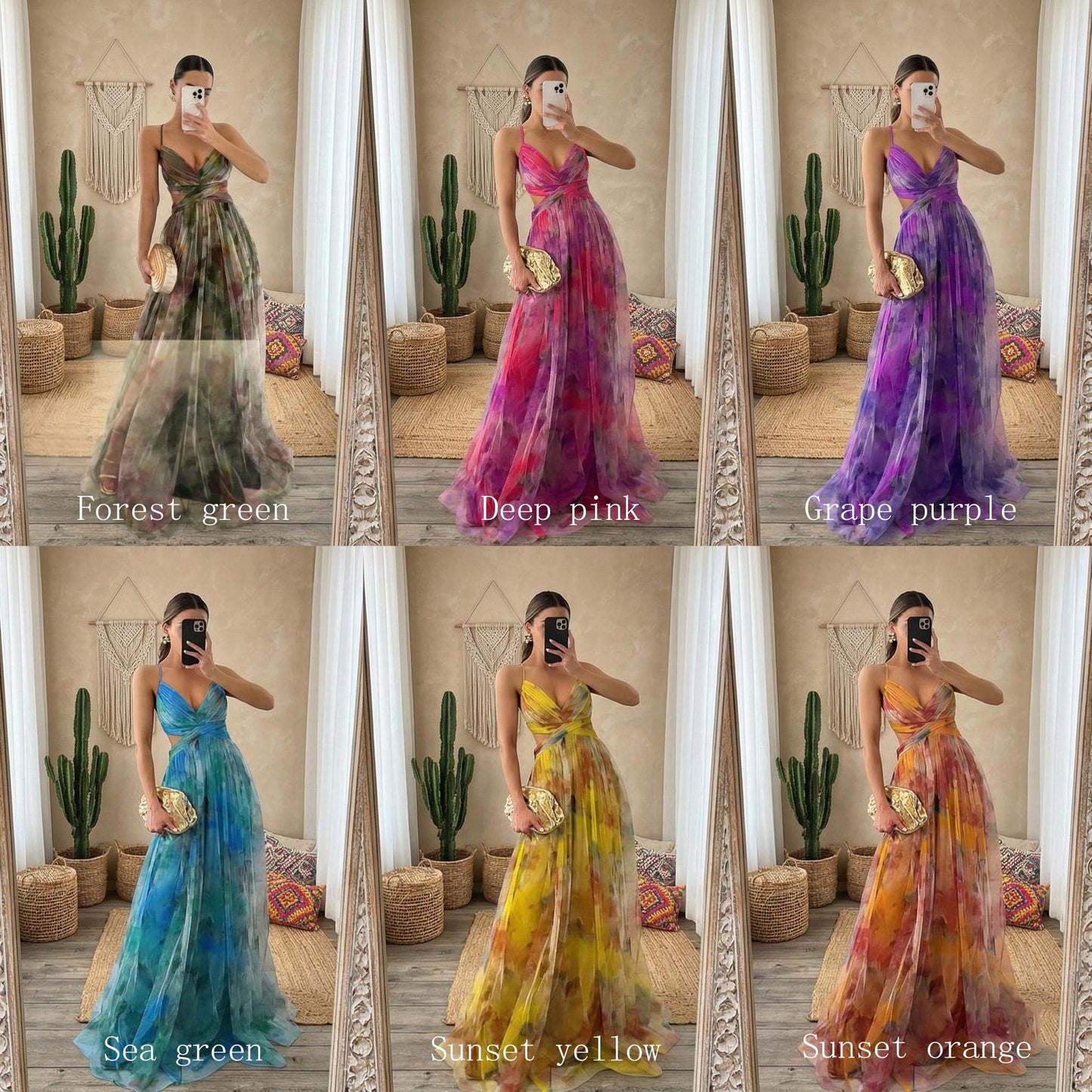 Romantic Floral Chiffon Maxi Dress - High-Side Slit Beach Gown - Summer Resort Sundress