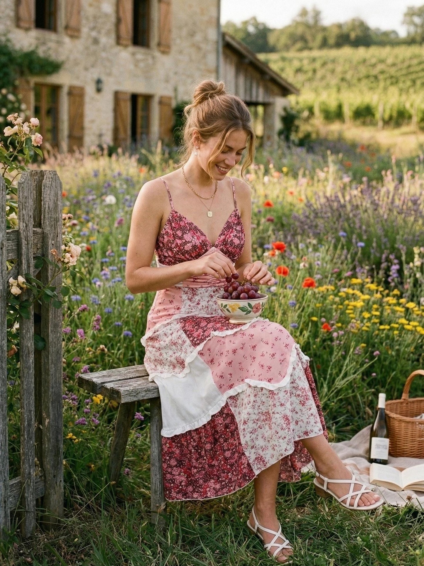 Floral Tiered Ruffle Maxi Dress, Sexy V-Neck High Waist Patchwork Gown, Sleeveless A-line Long Dress, Pink Aesthetic Romantic Women Clothing