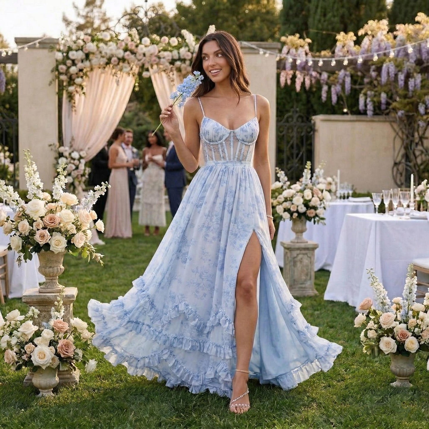 Floral Sleeveless Long Dress, Sexy Backless Chiffon Gown, Bridesmaid Dress, Tropical Vacation Maxi, Evening Garden Party Dress for Women