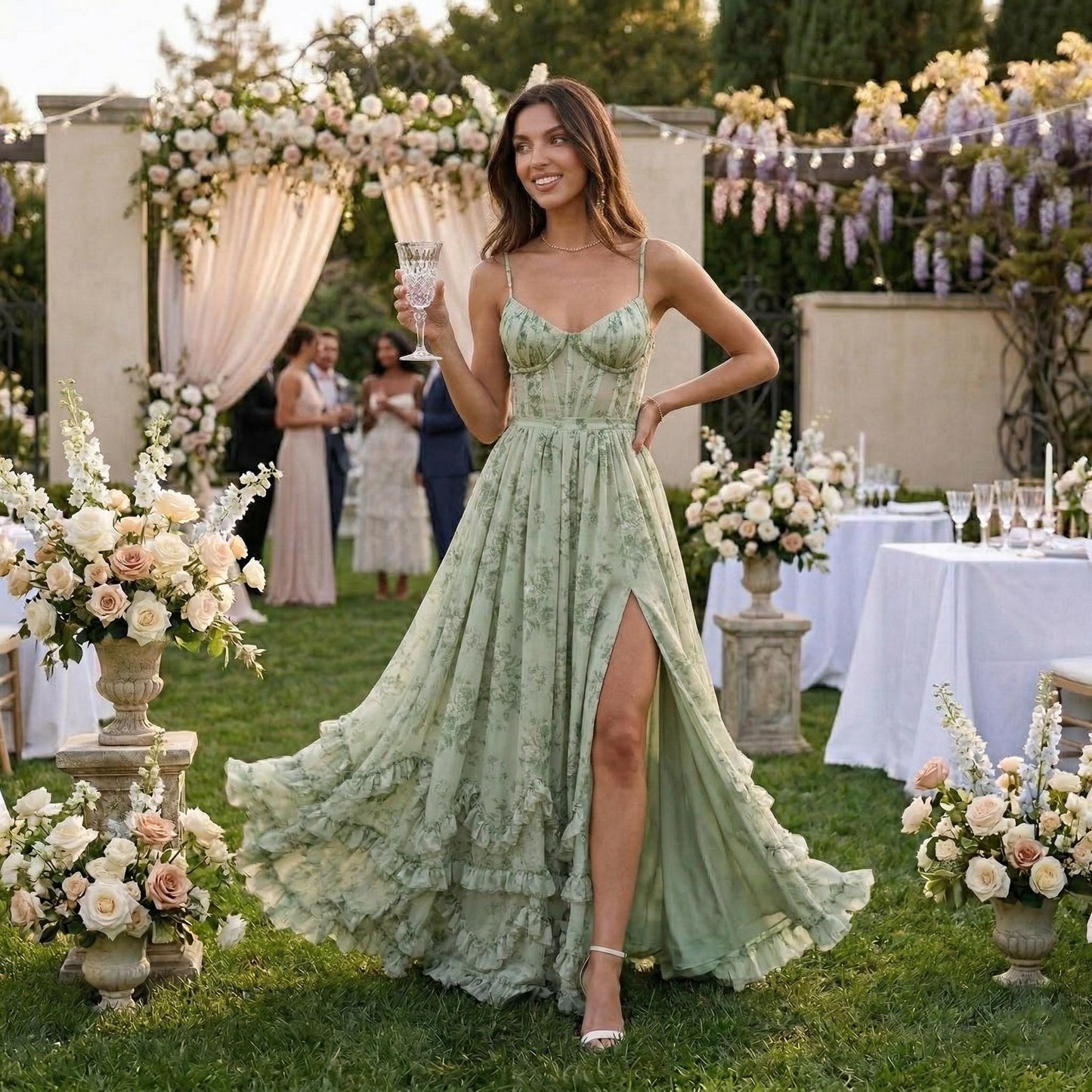 Floral Sleeveless Long Dress, Sexy Backless Chiffon Gown, Bridesmaid Dress, Tropical Vacation Maxi, Evening Garden Party Dress for Women